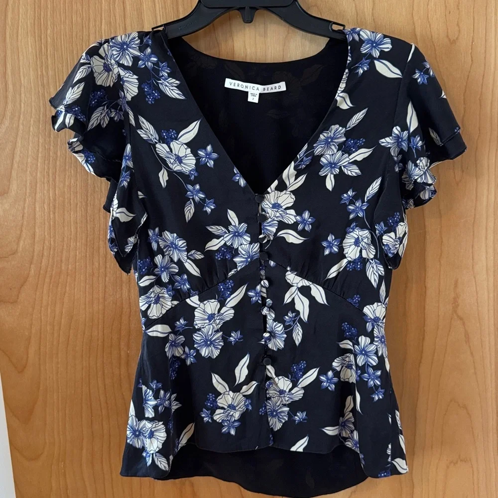 Veronica Beard Polly Floral Print Top 2 Silk Flutter Sleeve Button Vneck Black - Picture 3 of 6